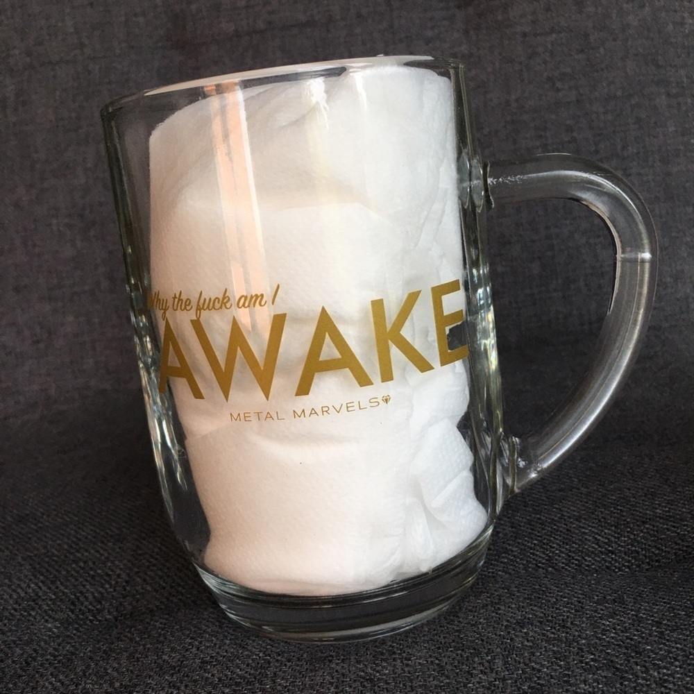 Why the **** am I AWAKE” Mug, Glass, Gold, 18 oz